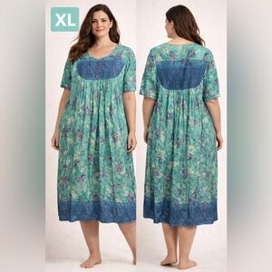 Fundamentals Floral Teal Blue Midi Smock Dress XL pit to pit 22in length 49in
